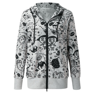 

Toponeto Women Long Sleeve O-Neck Print Hooded Zipper Pockets Casual Sport Coat