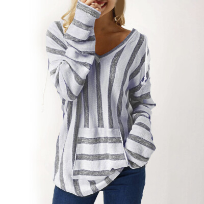 

Womens Stripes Long Sleeve Sweater Tops Loose Autumn Winter V Neck Sweatshirts