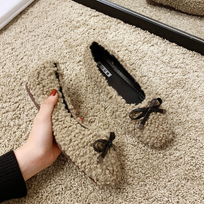 

Shallow-mouthed single-shoe womens autumn style butterfly-knotted flat-soled bean-bean shoes with soft sole&fur shoes for lei