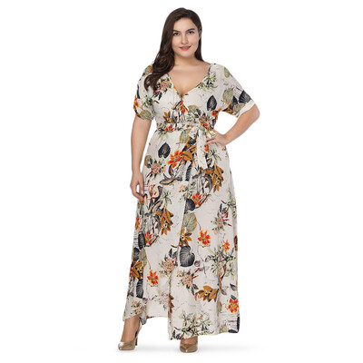 

Sexy Plunge Neck Short Sleeve Floral Print Slit Plus Size Women Maxi Dress