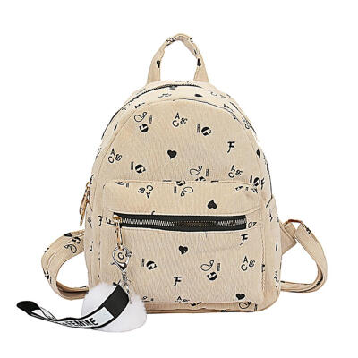 

Pompom Pendant Printing Travel Backpacks Canvas Women Small School Bags