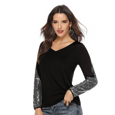 

T Shirt Femme Women Sequins T-shirts Spring Summer Casual Patchwork Long Sleeve Tshirt Casual Tops Tee Shirt Femme