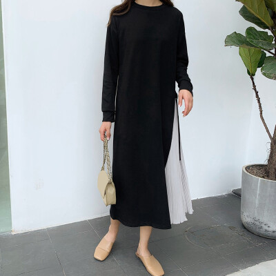 

Tailored Women Casual Solid O-Neck Dress Long Sleeve Big Swing Pleated Dress