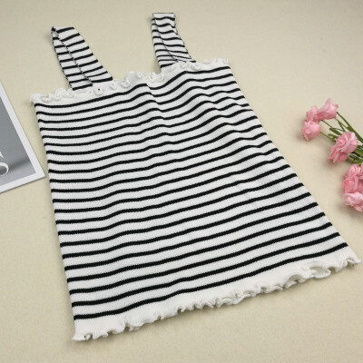 

Womens Sleeveless Ruffles Striped Pullover Knitted Tank Top