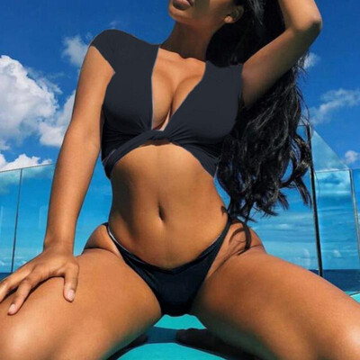 

Sexy Women Swimsuit Twist Deep V Neck Short Sleeves Padded Two Piece Bikini Set Bathing Sportswear