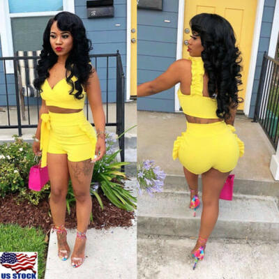 

Women LaceUp Two-Piece Sports Romper Crop Top Shorts Jumpsuit Summer Set Outfits