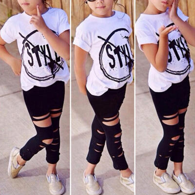 

2pcs Short Sleeve Clothes Set Girls Cute T-shirt Hollow Out Pants Outfits