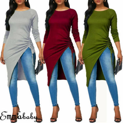 

UK Women Long Slit Dress High Side Split MidI Tunic Tops Long Sleeve Shirts 6-18