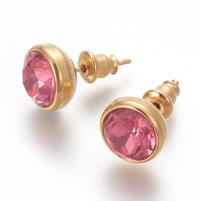 

304 Stainless Steel Ear Studs with Cubic Zirconia Flat Round Golden PaleVioletRed 10x17mm Pin 07mm