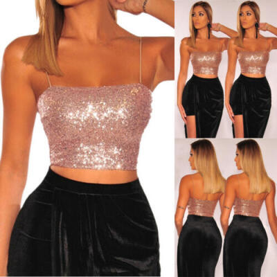 

US Women Sling Sequin Bodysuit party Short Crop Top Tank Top Club Vest Corset