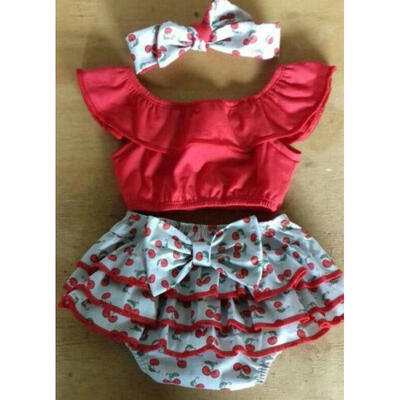 

Infant Kid Baby Girl T-Shirt Tops Cherry Skirt Bow Pants Headband Sunsuit Outfit