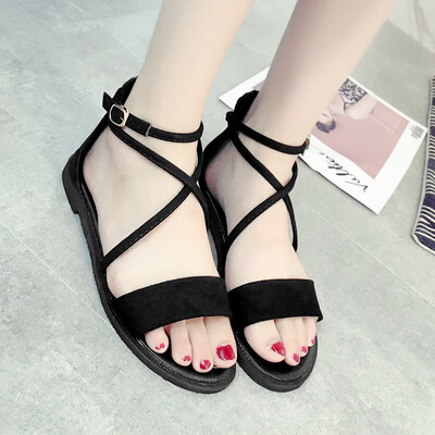 

net-red cross-belt Roman sandal summer 2019 new style Korean style 100 students flat-bottomed seaside fairy shoes tide