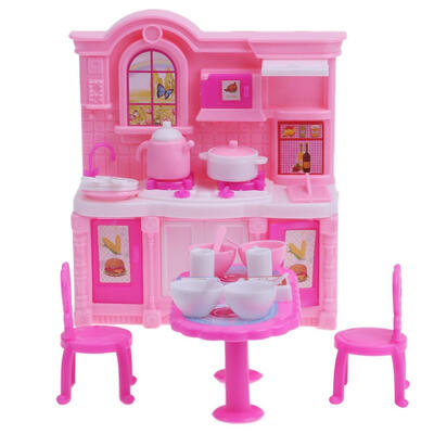 

One Set Doll Kitchen Accessories Dining Table Chairs Dinnerware Cabinet