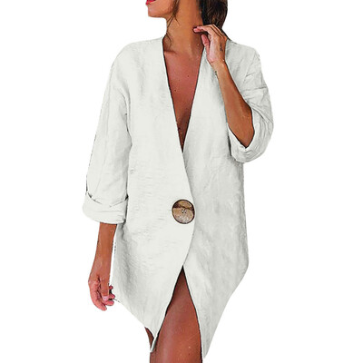 

Toponeto Women Solid Buttons Long Sleeve Cotton And Linen Cardigan Loose Suit Coat