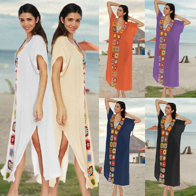 

New Sexy Women Swimwear Cover Up Crochet Knit Deep V-Neck Short Sleeve Side Split Beach Dress