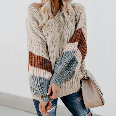 

2019 Womens V Neck Long Sleeve Striped Knitted Chunky Pullover Sweater