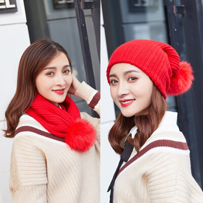 

Womens winter Korean version of the warm knitted hat hundred round neck double with a wool ball hat winter ear-guard hat hat