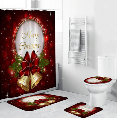 

Gobestart 4Pcs Christmas shower Curtain Bathroom Anti-slip Carpet Rug Toilet Cover Mat Set