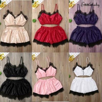 

Women Sexy Satin Lace Sleepwear Babydoll Lingerie Nightdress Pajamas Set Wear