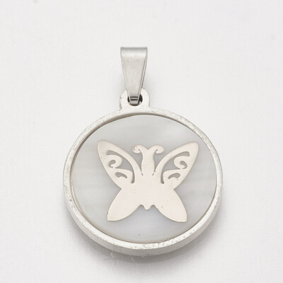 

202 Stainless Steel Pendants with Shell Flat Round with Butterfly Stainless Steel Color 23x20x34mm Hole 3x6mm