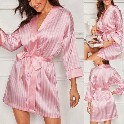 

Gobestart Plus Size Sexy Lingerie Women Silk Stripe Robe Satin Bathrobe Sleepwear Pajamas