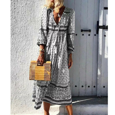 

Boho Womens Maxi Dress Ladies Summer Long Sleeve Long Kaftan Sundress Plus Size