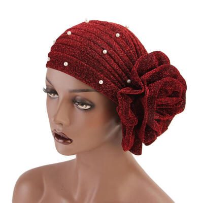 

Fashion Faux Pearl Decor Big Flower Women Muslim Hijab Turban Hat Head Wrap Cap