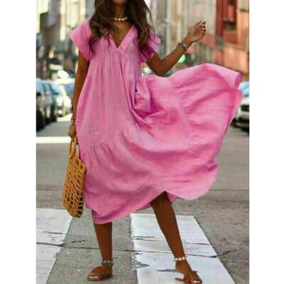 

Women Boho Cotton Linen Tunic Short Sleeve Maxi Dress Gypsy Casual Loose Shirt Kaftan Sundress