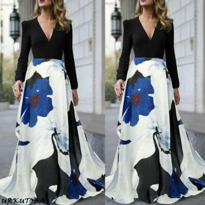 

Women Long Floral Casual Dress Ladies V Neck Cocktail Party Maxi Dress Size 6-12