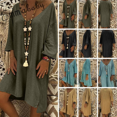 

Womens Long Sleeve Loose Mini Dresses Ladies Crew neck Solid Shirt Dress 6 - 16