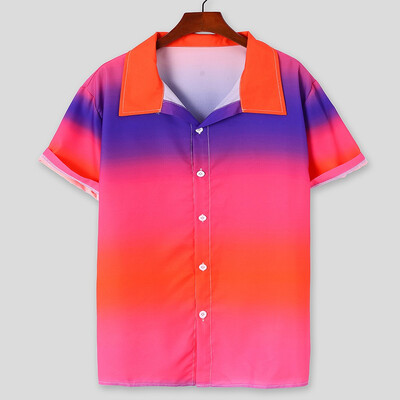 

Tailored Mens Gradient Printed Stand Collar Colorful Stripe Short Sleeve Loose Shirt
