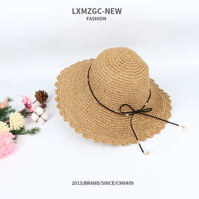 

Summer new hat hand-empty straw hat pearl pendant lotus leaf side sun-proof sun hat baby hat