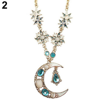 

Women Mystic Rhinestone Sun Moon Pendant Long Chain Sweater Necklace Jewelry