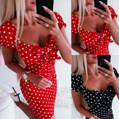 

Women Summer Polka Dot Short Sleeve Dress Bodycon Party Cocktail Mini Sundress