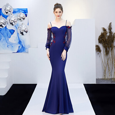 

Backless Appliques Beading Long Evening Dress Strap Formal Evening Party Dress
