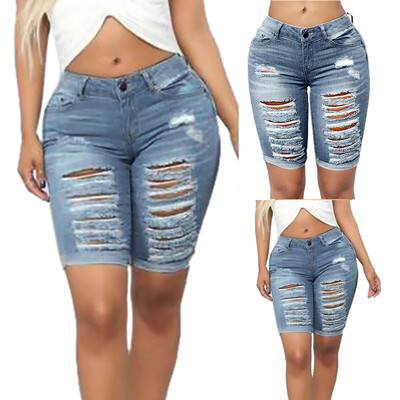 

〖Follure〗Women Ladies Mid Waist Hole Jeans Skinny Bandage Hot Pants Shorts Denim