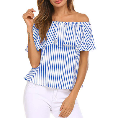

Starmoon Womens Off Shoulder Ruffles Striped Printed Casual Blouse Loose Shirt Tops