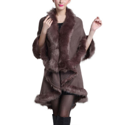 

Women Fine Knit Open Front Faux Fur Trim Layers Poncho Cape Shawl Cloak Cardigan Sweater Cape Coat New Arrived