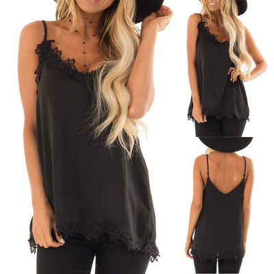 

Starmoon Women V-neck Pure Color Lace Splicing Camisole Sleeveless Vest Tops Blouse