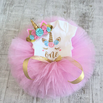 

3Pcs Newborn Baby Girl Unicorn Birthday Romper Tutu Skirt Dress Outfit