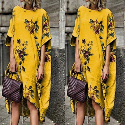 

Womens Short Sleeve Boho Cotton Linen Kaftan Maxi Dress Floral Long Dress Sundress