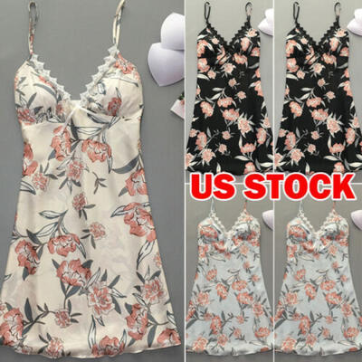 

New Women V-neck Satin Silk Lace Lingerie Pajama Night Dress Nightgown Sleepwear