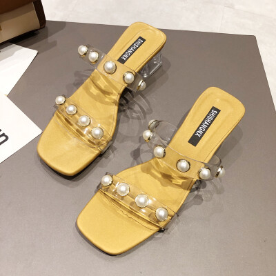 

Slippers women wear fashion summer student Pearl girl heart ins sandals transparent thick heel