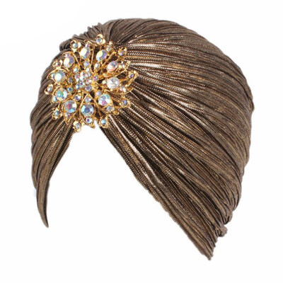 

Muslim Stretch Ruffle Turban Head Scarf Crystal Flower Pendant Bandana Hijab Chemo Cap