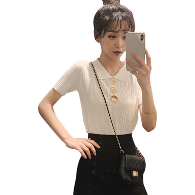 

Womens Korean Style Turn-down Collar Solid Short Sleeve Buttons Knitted Polo Shirt