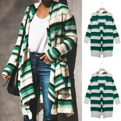 

Womens Casual Stripe Print Irregular Cardigan Long Sleeves Loose Knitwear Coat