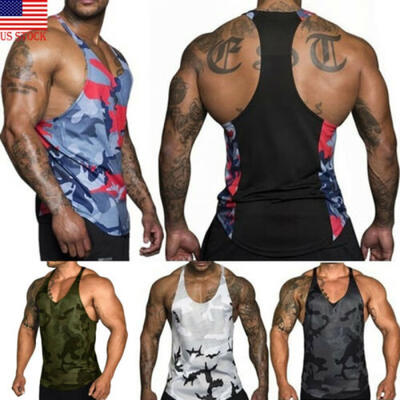 

US Mens Gym Vest Racerback Bodybuilding Muscle Stringer Plain Tank Top Fitness