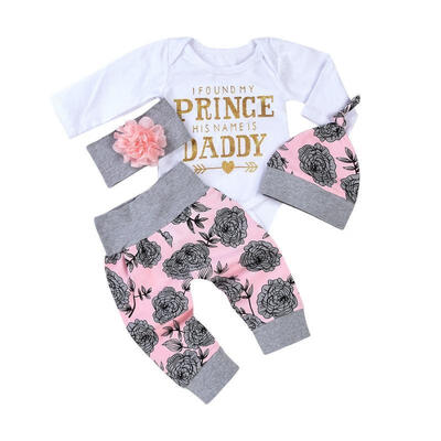 

4PCS Set Cute Newborn Baby Girl Clothes Long Sleeve Letter Print Cotton Romper TopsFloral Pant Hat Headband Outfits Clothing