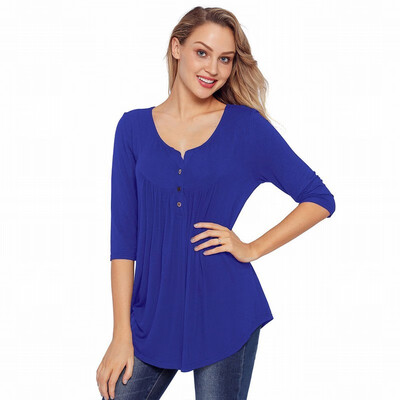 

Solid color V-neck button seven-point sleeve Slim womens T-shirt casual fashion shirt