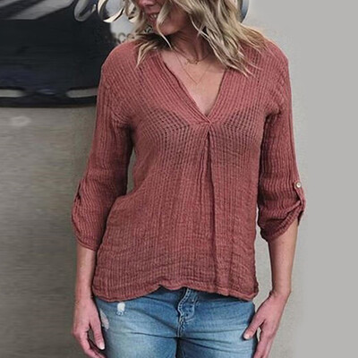

Plus Size Women Loose V-neck Tops Solid Long Sleeve Shirt Blouse Casual Holiday